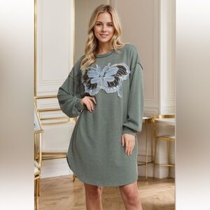 729. Butterfly Applique ribbed long sleeve dress in green